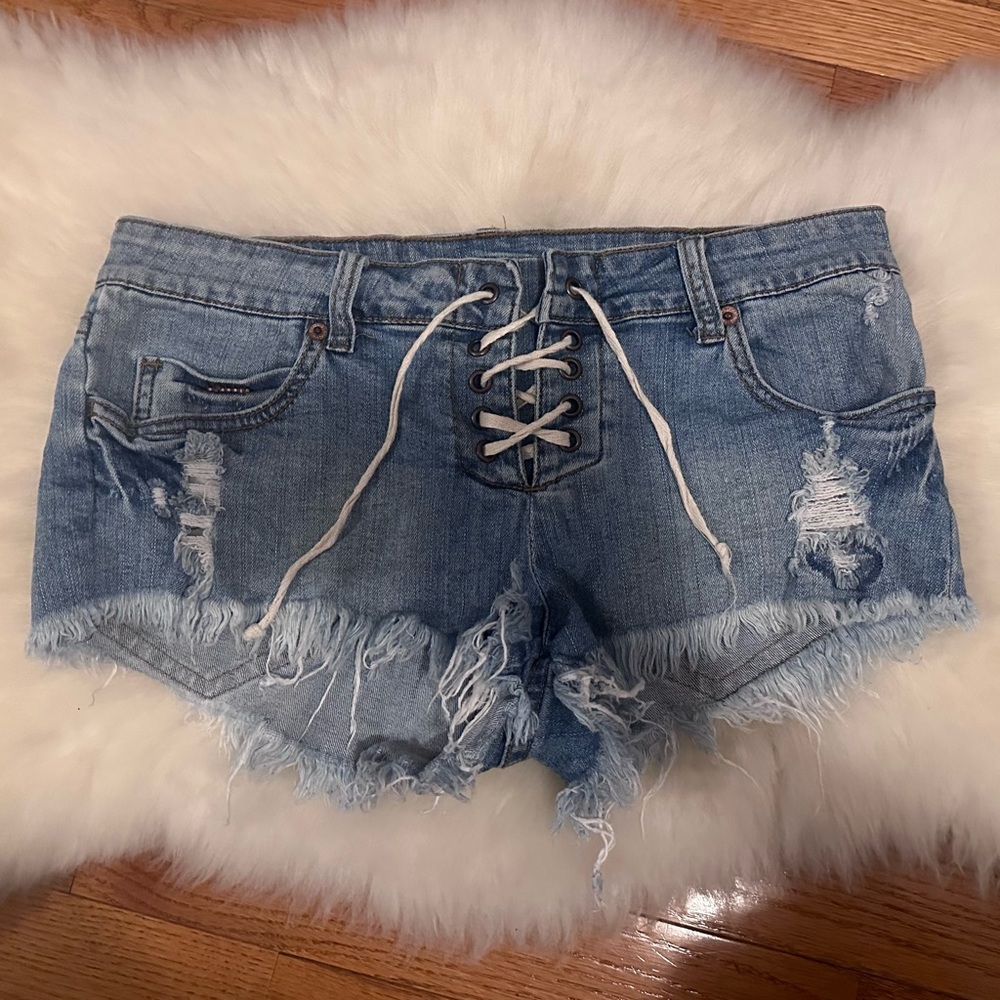 Billabong 2000s Lace-up Low Rise Cutoff Distressed Jean Shorts sz  5